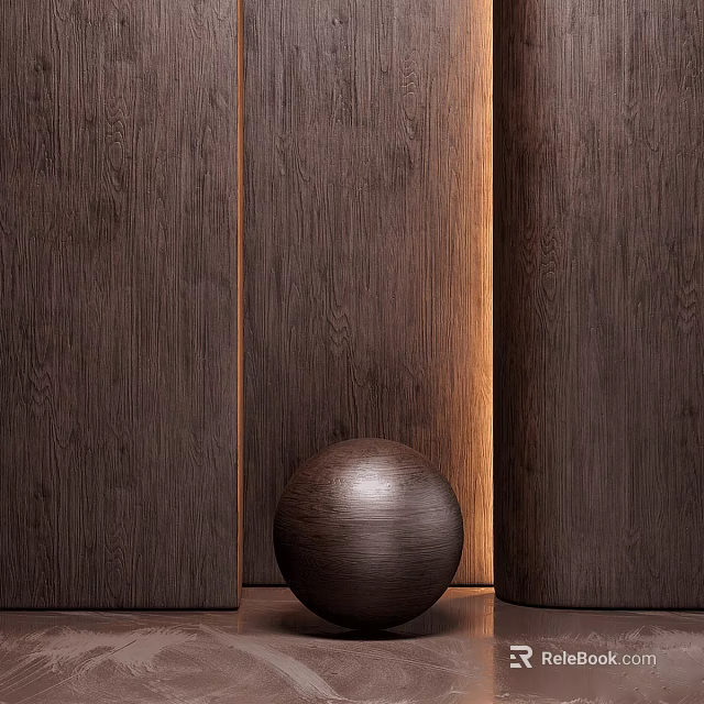 Dark Wood Grain Floor Tiles In Interior With Matching Dark Walls And Spherical Object 3d model 