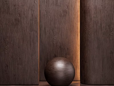 Dark Wood Grain Floor Tiles In Interior With Matching Dark Walls And Spherical Object 3d model