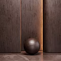 Dark Wood Grain Floor Tiles In Interior With Matching Dark Walls And Spherical Object