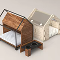 Modern Small House Shaped Pet Beds With Wooden Frame And White Cushion Trays