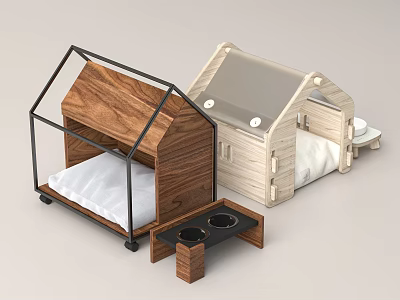 Modern Small House Shaped Pet Beds With Wooden Frame And White Cushion Trays 3d model
