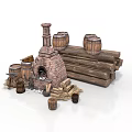 Rustic Brick Stove With Wooden Barrels Stacked Logs And Hay Elements 3d model