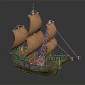 Wooden Sailing Ship Model With Brown Sails And Ornate Watercraft Details