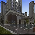 Modern Sales Office Architecture With Glass Facade And Water Pool In High Rise Residential Area