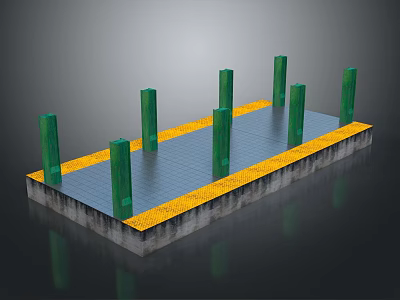 Industrial Platform Structure With Green Pillars Yellow Border And Gray Base Grid Surface 3d model