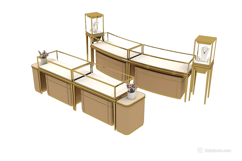 Golden Glass Display Shelves Set With Elegant Design For Jewelry Showcase 3d model 