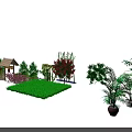 Garden Landscape With White Picket Fence Green Trees Bamboo Pink Flowers Red Tree Green Lawn