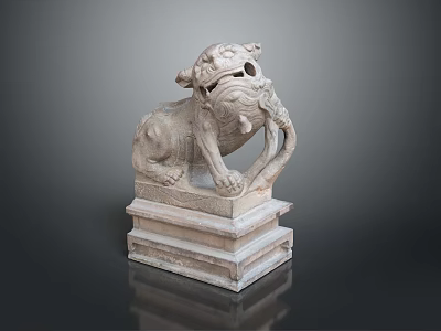 Traditional Stone Lion Sculpture with Crouching Pose and Ornate Pedestal Base 3d model