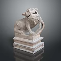 Traditional Stone Lion Sculpture with Crouching Pose and Ornate Pedestal Base