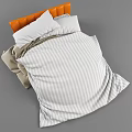 Double Bed With Orange Headboard Striped Bedspread White Pillows And Beige Blanket
