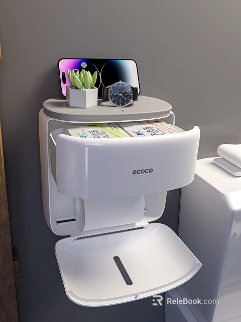 Ecoco Bathroom Toilet Paper Holder With Storage Shelf And Decorative Plants Watch Phone 3d model 