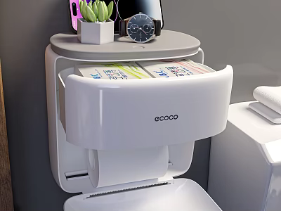 Ecoco Bathroom Toilet Paper Holder With Storage Shelf And Decorative Plants Watch Phone 3d model