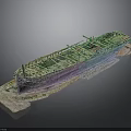 Wooden Shipwreck Model Display With Green Purple Hull And Rocky Wave Base