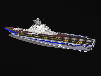 Detailed Aircraft Carrier 3D Model With Flight Deck Yellow Lines Number 01 White Blue Design 3d model