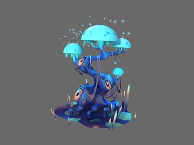 Cartoon Fantasy Scene With Blue Mushroom Like Structures Tree Shaped Creature And Glowing Spots 3d model
