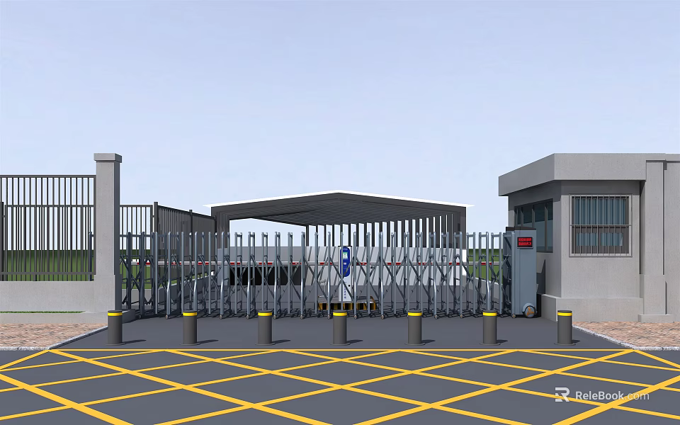 Entrance Gate Electric Retractable Security Gate With Guard Booth And Yellow Grid Ground 3d model 