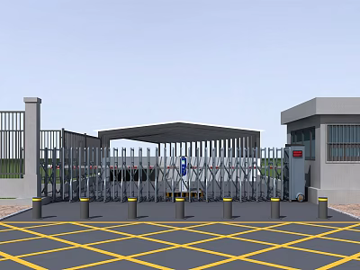 Entrance Gate Electric Retractable Security Gate With Guard Booth And Yellow Grid Ground 3d model