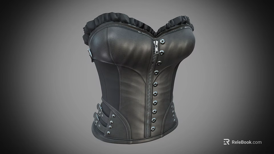 Black Leather Corset with Ruffled Neckline Zipper Front and Decorative Buttons 3d model 