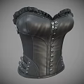 Black Leather Corset with Ruffled Neckline Zipper Front and Decorative Buttons