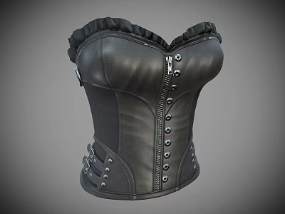 Black Leather Corset with Ruffled Neckline Zipper Front and Decorative Buttons 3d model