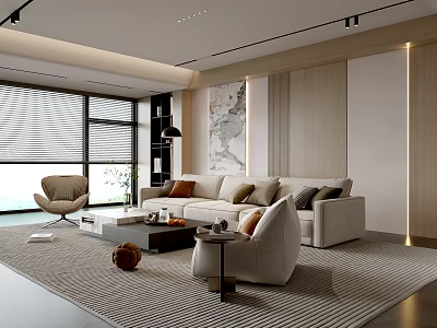 Modern Living Room Interior With Beige Sofa Coffee Table Area Rug And Armchair 3d model