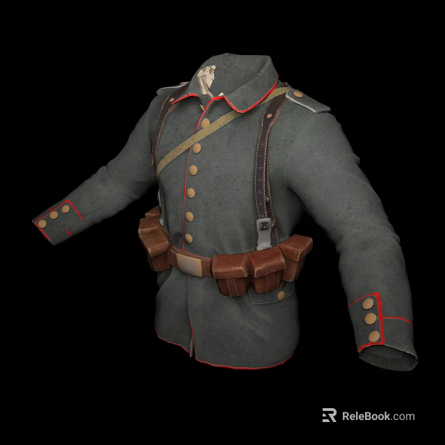 Gray Military Coat With Red Trim Gold Buttons And Brown Belt Ammunition Pouches 3d model 