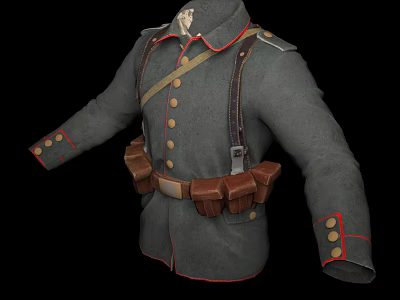 Gray Military Coat With Red Trim Gold Buttons And Brown Belt Ammunition Pouches 3d model