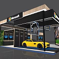 Microsoft Modern Exhibition Booth with Yellow Car Cloud Display and Screens