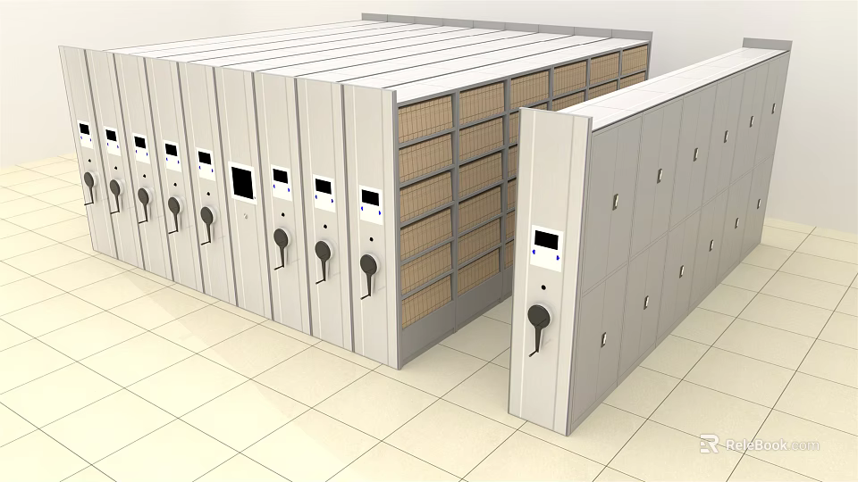 Mobile Bookcase Shelving Unit with Drawers Handles and Control Panel in White Organized Interior 3d model 