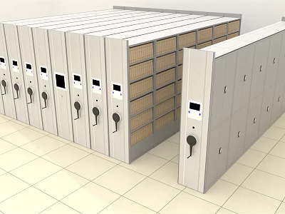 Mobile Bookcase Shelving Unit with Drawers Handles and Control Panel in White Organized Interior 3d model