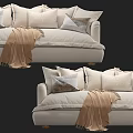Modern Cream Multi Seater Sofa With Soft Pillows And Brown Throw Blanket 3d model