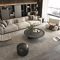 Modern Sofa Coffee Table Set With Light Gray Sofa Round Table Green Plant And Rug