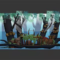 Whimsical Forest Scene With Wooden Platform Trees Leaves Crates And Mushrooms