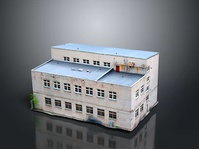 Two Story White Building Model With Blue Roof Multiple Windows Small Plant And Reflection 3d model