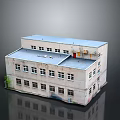 Two Story White Building Model With Blue Roof Multiple Windows Small Plant And Reflection
