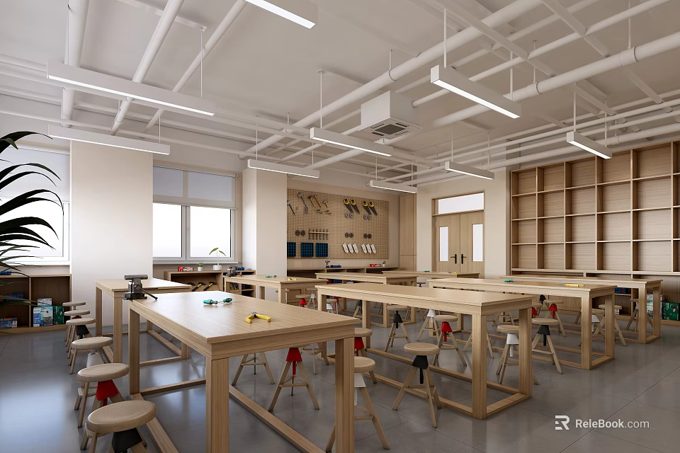 Bright School Workshop Classroom with Wooden Tables Stools Bookshelves and Workstations 3d model 