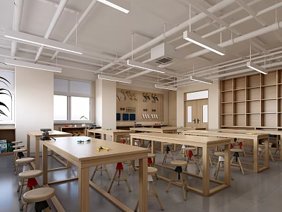 Bright School Workshop Classroom with Wooden Tables Stools Bookshelves and Workstations 3d model