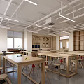 Bright School Workshop Classroom with Wooden Tables Stools Bookshelves and Workstations