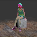 Red Haired Woman With Tattoos Sitting On Metal Box On Wooden Floor