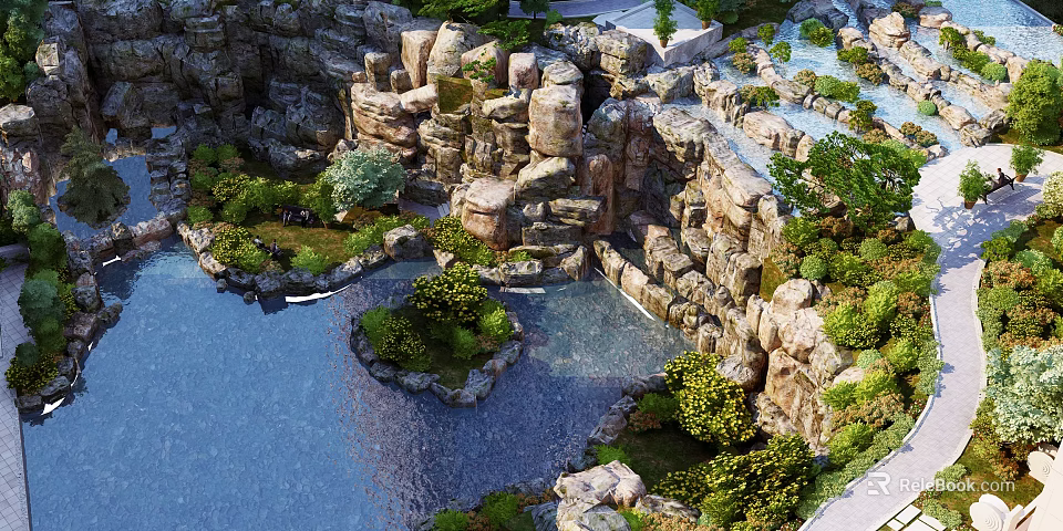 Garden Ornament With Rock Formation Water Pond And Lush Green Plants 3d model 
