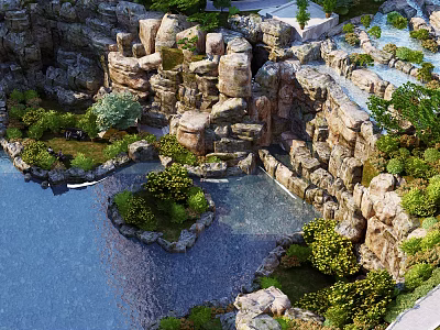 Garden Ornament With Rock Formation Water Pond And Lush Green Plants 3d model