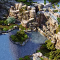 Garden Ornament With Rock Formation Water Pond And Lush Green Plants