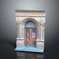 Classic Architectural Door Frame With Arched Glass Panels Carved Details And Wall Lamps