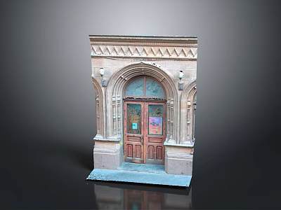 Classic Architectural Door Frame With Arched Glass Panels Carved Details And Wall Lamps 3d model
