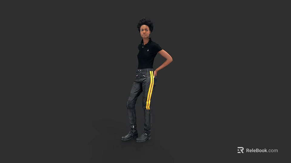 Stylish Black Polo Shirt And Leather Pants With Yellow Stripes Outfit 3d model 