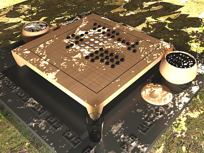 Chess Entertainment Outdoor Go Game with Wooden Board Black and White Stones on Grass Shade 3d model