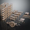 Wooden Construction Equipment With Multi layer Shelves Platforms Long Planks And Parts