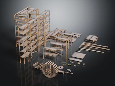 Wooden Construction Equipment With Multi layer Shelves Platforms Long Planks And Parts 3d model