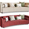 Beige and Red Modern Sectional Sofa with Multiple Decorative Pillows and Ribbed Design 3d model