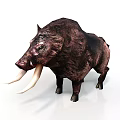 Wild Boar With Long Curved Tusks And Rough Brown Skin Standing